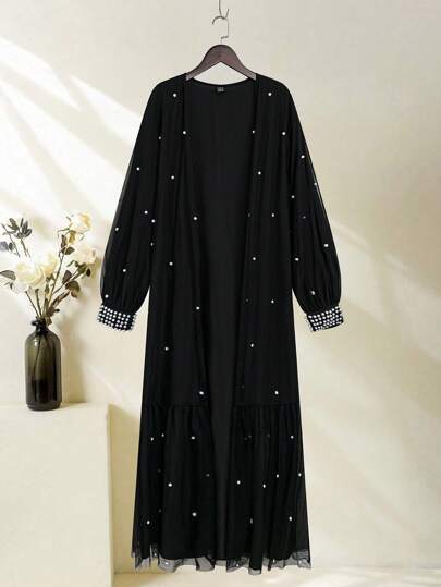 Al Najma Ladies' Beaded Decorated Lantern Sleeve Mesh Spring/Summer Modest Long Sleeve Abaya, Robe