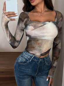 SHEIN EZwear Asymmetrical Pattern Square Neck Asymmetric Hem Mesh Short Date Top - Multicolor - View 3