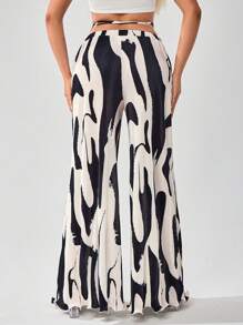 SHEIN SXY 女士幾何印花闊腳鬆緊帶寬鬆休閒褲 - 黑與白 - 查看 2