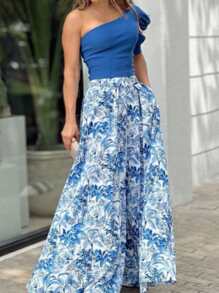 SHEIN Privé Plus Size Elegant Asymmetrical Neck Cap Sleeve Top + Long Blue & White Floral Wide Leg Pants, Summer Beach Vacation Outfit