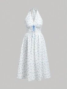 SHEIN MOD Vintage Floral V-Neck Bowknot Decor Women's Dress