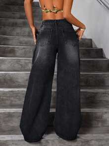Women Street-Style Baggy Long Stacked Ripped Straight-Leg Jeans - Black - View 2