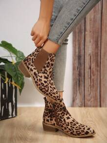 Women's Fashion Leopard Print Pointed Toe Chunky Heel Side Zipper Ankle Boots, Match With Sweater