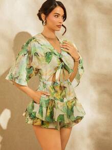 SHEIN Unity Bộ đồ liền thân in họa tiết bèo nhún thắt nút - Nhiều màu - Xem 4