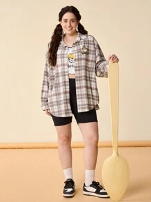 Gudetama X SHEIN 大碼休閒可愛寬鬆Melrad街頭服風格卡其襯衫，蛋及字母格紋印花圖案，適用於秋季 - 彩色 - 查看 1