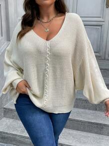 SHEIN Clasi Áo len nữ cỡ lớn cổ chữ V màu trơn dáng rộng, áo len dệt kim mùa xuân và thu đông. - Màu be - Xem 6