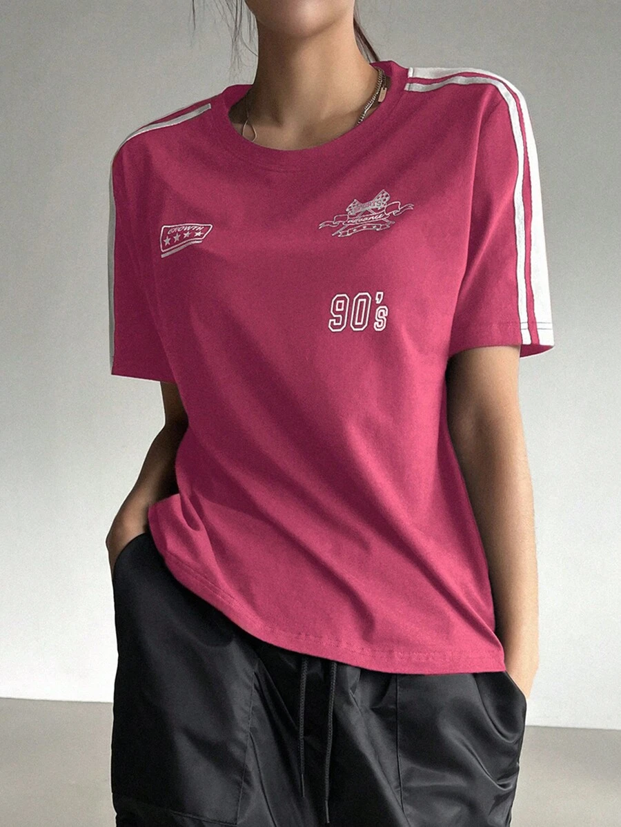 DAZY Motorcycle-Inspired Pattern Colorblock Short Sleeve T-Shirt,Fall Clothes Preppy Tops - Hot Pink - View 1