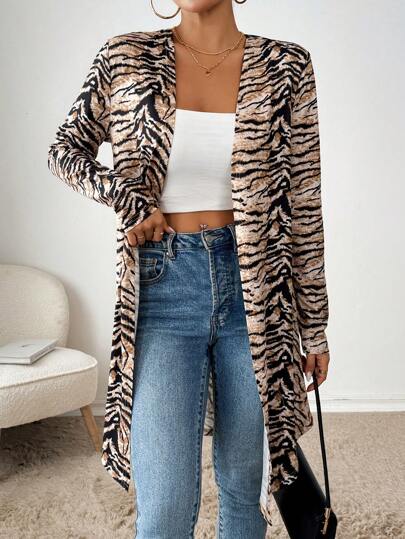 SHEIN Essnce Abrigo abierto con estampado de piel de tigre para mujer, abrigos de otoño, ropa de otoño, ropa de oficina, abrigos de mujer para oficina