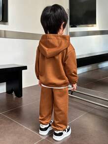 SHEIN Baby Boys' Casual Hooded Sweatshirt And Long Pants Set, Autumn/Winter - Brown - View 2
