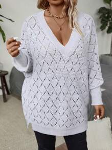 Calvaya Plus Size Vintage Fashionable V-Neck Hollow Out Sweater Knit Pullover Fall Winter - Grey - View 6