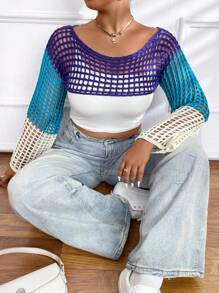 SHEIN EZwear Plus Size Spring Summer Casual Colorblock Hollow-Out Ultra Short Sweater - Multicolor - View 6