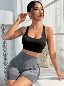 Gameset SHEIN Sport 女士交叉后背无袖运动上衣，配有粗肩带和大圆领修身衬衫 - 黑色 - 查看 6
