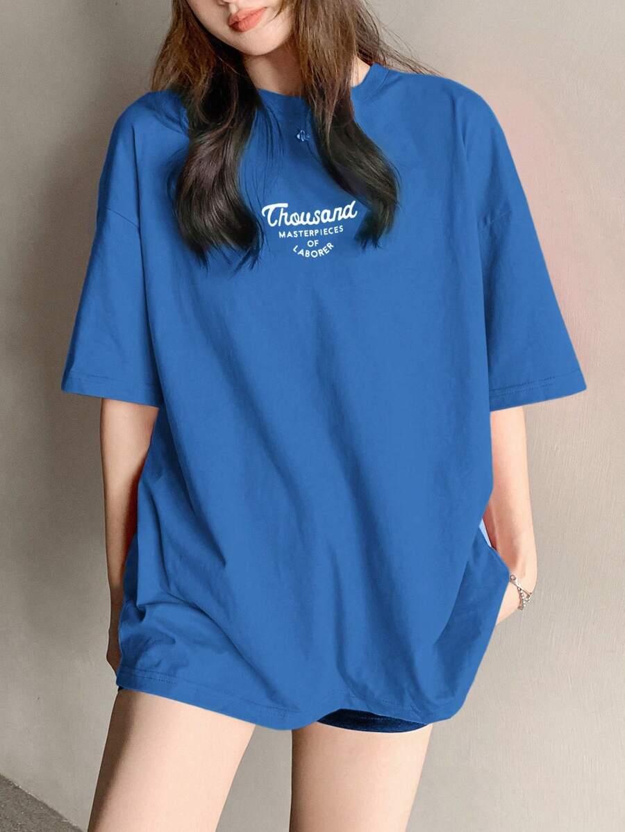 DAZY Letter Graphic Drop Shoulder Oversized Tee Summer - Blue - View 1