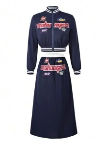 SHEIN Conjunto de dos piezas para adolescentes con estilo urbano casual con mangas largas abiertas y estampado, cómodo