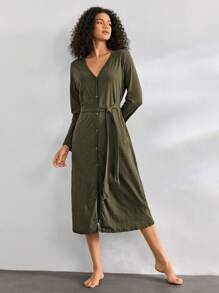 Ocili Leisure Women's Solid Color Long Sleeve Single-Breasted V-Neck Casual Robe For Home - Green - View 3