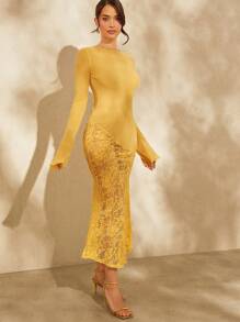 L'Amorae Buttery Yellow Lace Up Back Sheer Lace Long Sleeve Maxi Dress