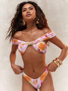 MISSGUIDED Tie-Dye Printed Ruched Bardot Bikini Top And High Leg Cheeky Bikini Bottom Swim Set Summer - Multicolor - View 5