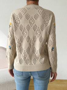 SHEIN Essnce Áo len nữ thêu hoa xuân thu khoét rỗng vừa vặn - Màu Khaki - Xem 2