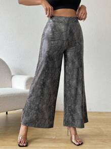 SHEIN Essnce Pantalones de pierna ancha casuales de verano para mujer, pantalones palazzo sólidos y aleatorios estampados con estilo simple y largos para uso diario, atuendos para maestras, ropa para el 4 de julio - Café integral - Ver 6