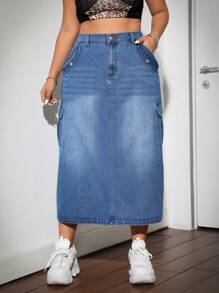 SHEIN ICON Plus Size Street Style Sexy Denim Skirt With Back Slit,Cargo Skirt,Fall Women Clothes,Denim Skirt,Back To School,Teacher Clothes, Blue - Medium Wash - View 5