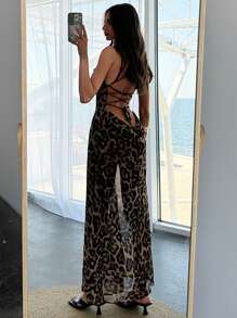 Aloruh Vestido largo ajustado de primavera/verano con cuello profundo drapeado, espalda cruzada y tirantes de espagueti, estampado de leopardo sexy y cintura fruncida