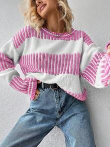 EURMUSE Striped Pattern Drop Shoulder Sweater - Baby Pink - View 5