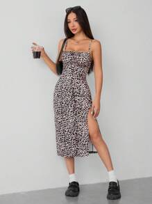 SHEIN PETITE 秋季豹紋性感高衩中長吊帶連衣裙 - 卡其色 - 查看 6