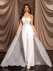 SHEIN Belle 優雅華麗無肩帶蕾絲拼接彈性針織緞面喇叭褲女士派對連身褲 - 米色 - 查看 4