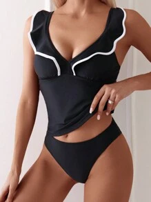 SHEIN Swim Women's Color-Block Black Tankini Set Swimwear Summer - Multicolor - View 3