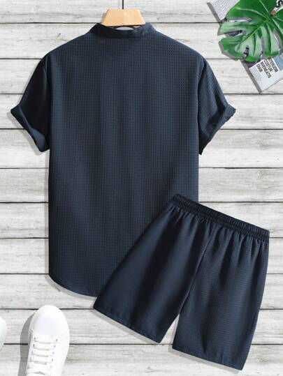 NEOREFINED Men's Vacation Casual Solid Color Short Sleeve Shirt And Shorts, 2pcs/Set, Holiday Holiday