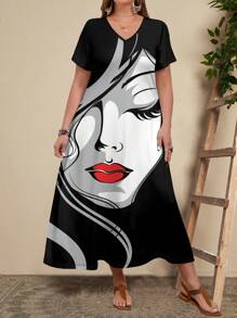 EMERY ROSE Sommer Ölgemälde Portrait Muster V-Ausschnitt Kurzarm Große Größen Frauenkleid, lässig und locker, bis zur Mitte der Wade