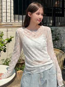 DAZY 女士春夏蝴蝶网纱透视长袖圆领上衣外出上衣长袖女上衣 - 白色 - 查看 5