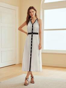 MOTF PREMIUM STRIPED CONTRAST PIPING SLEEVELESS DRESS - Black and White - View 6