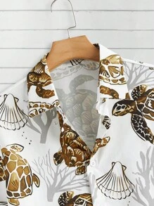Manfinity RSRT 男款夏日假期寬鬆珊瑚海龜印花休閒短袖襯衫 - 黃色 - 查看 3