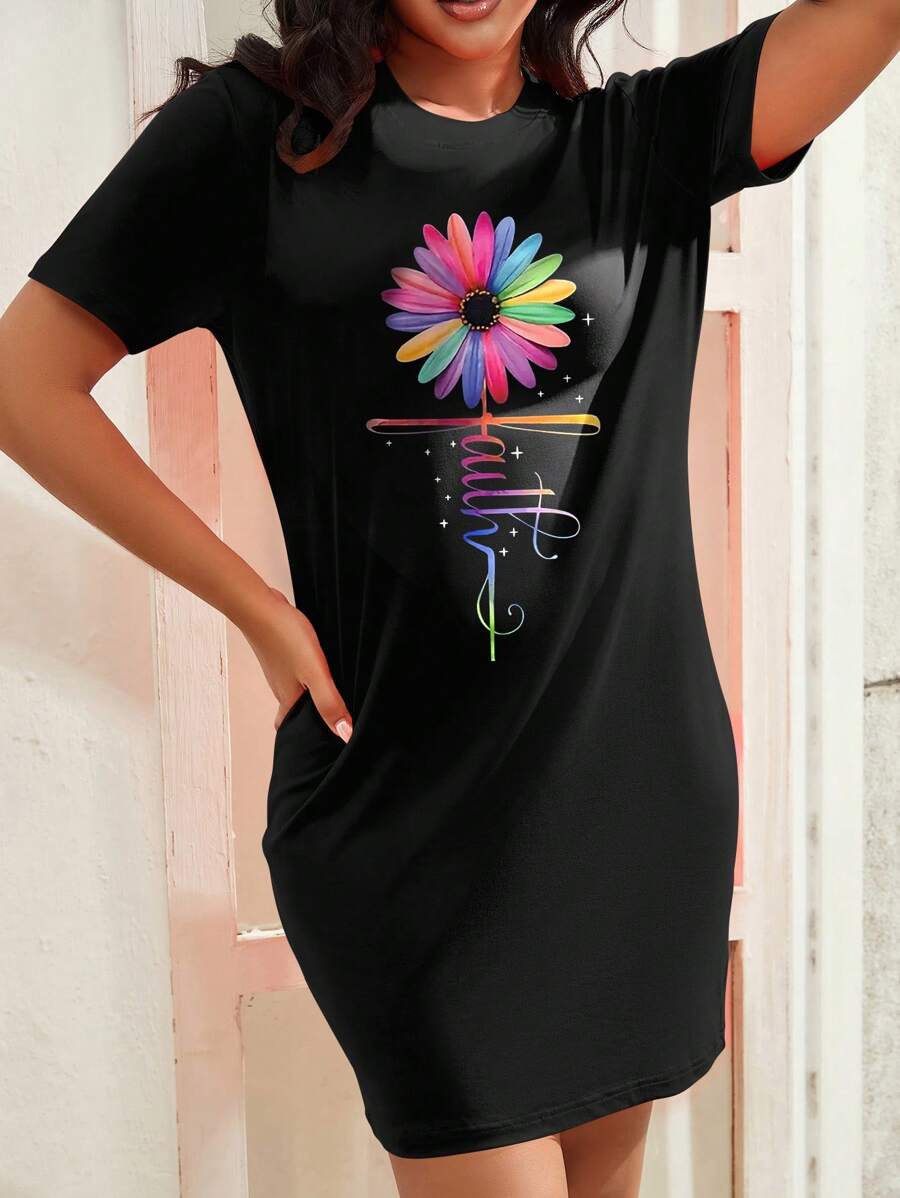 Plus Size Women's Fashionable Colorful Sunflower Print Casual Summer Dress - Black - View 1