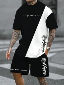 Manfinity LEGND Men's Summer Letter & Floral Print Round Neck Short Sleeve Casual T-Shirt And Drawstring Waist Shorts Set - Black and White - View 1