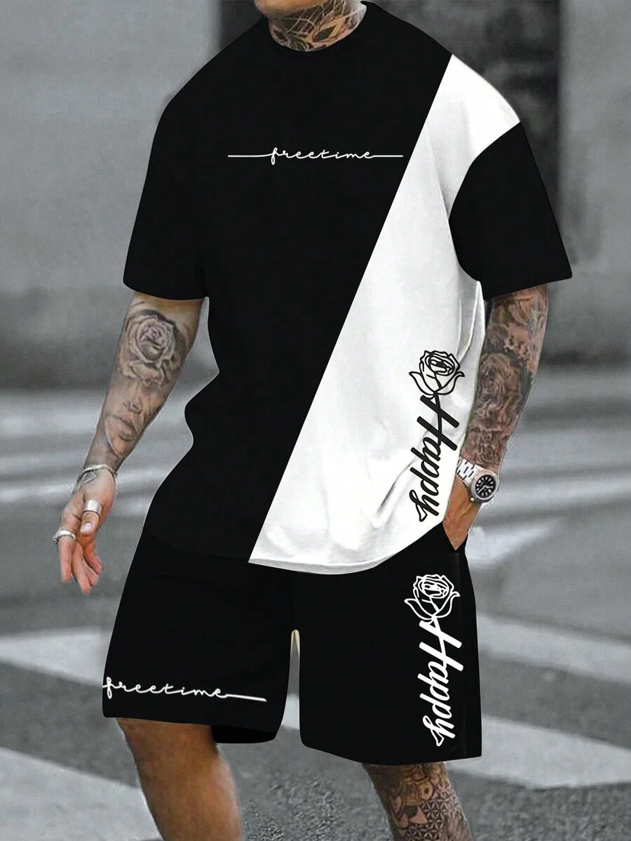 Manfinity LEGND Men's Summer Letter & Floral Print Round Neck Short Sleeve Casual T-Shirt And Drawstring Waist Shorts Set - Black and White - View 1