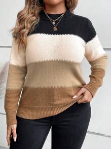 SHEIN LUNE Plus Size Women's Multi-Color Splice Round Neck Long Sleeve Sweater, Autumn Winter - Multicolor - View 4
