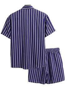 Men Striped Short Sleeve Shirt And Loose Shorts 2-Piece Casual Set, Summer