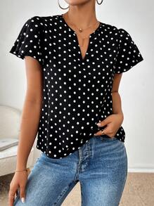 SHEIN Essnce Chấm bi Kiểu Chữ V Cổ Áo Làm Việc Quần Áo Phụ Nữ Làm Việc Áo Sơ Mi Nữ Công Sở Quần Áo Giáo Viên Áo Sơ Mi Giáo Viên Trang Phục - Đen và trắng - Xem 4