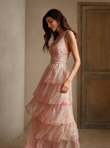 Anewsta Đầm ren hở lưng yếm dây dự tiệc - Màu vàng - Xem 6