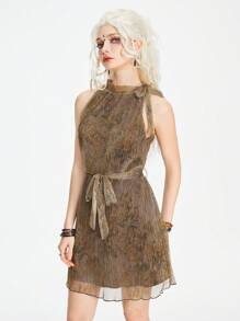 ROMWE Vintage Floral Pleated Metallic Fabric Women's Stand Collar Belted Sleeveless Dress - Brown - View 4