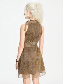 ROMWE Vintage Floral Pleated Metallic Fabric Women's Stand Collar Belted Sleeveless Dress - Brown - View 6
