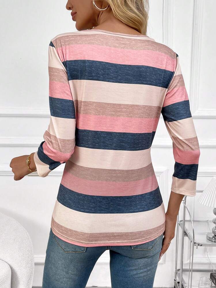 Camiseta Casual Feminina de Primavera/Verão com listras, decote redondo e mangas 3/4