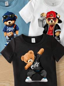 SHEIN 3pcs ModeFlare Wear Cool Bears Baby Boy Casual Simple Cartoon Pattern Short Sleeve Round Neck T-Shirt, Summer