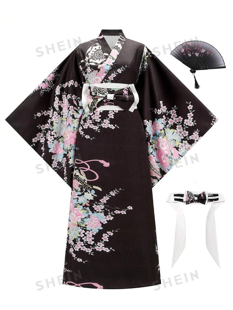 Irokai Yukata con estampado floral y lazo