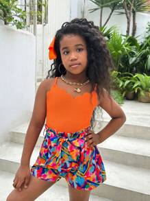 Tween Girls Vacation & Casual Spring/Summer Knitted Spliced Woven Ditsy Floral Jumpsuit With Straps - Burnt Orange - View 6