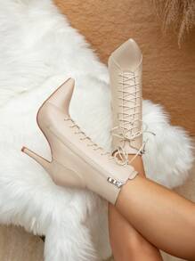 Giày bốt cổ ngắn và bốt cổ cao cho nữ mùa thu/đông, Giày cao gót mũi nhọn thời trang nữ, Giày bốt cao đến giữa bắp chân, Giày bốt buộc dây cao gót thanh lịch, Giày cao gót thoải mái, Giày cao gót sang trọng gợi cảm cho người dự tiệc, Giày bốt cao, Giày bốt ngắn - Màu be - Xem 4