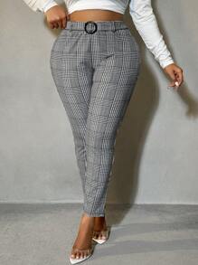 SHEIN SXY Plus Size Women's Houndstooth Pattern Slim Fit Versatile Suit Pants