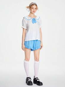 ROMWE Kawaii Bộ đồ ngủ nữ hải quân, thắt nơ cổ Peter Pan tay phồng áo thêu mèo dễ thương & quần short viền nhún bèo - trắng - Xem 1